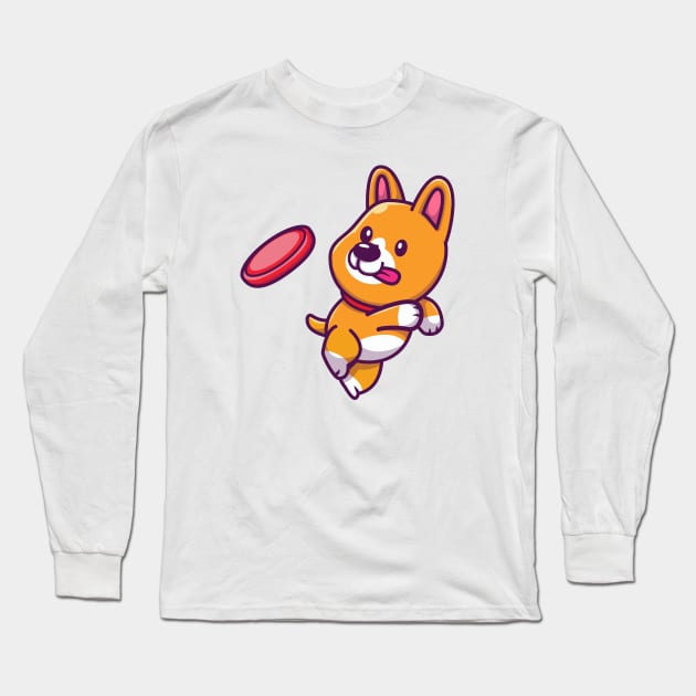 Cute Corgi Playing Frisbee Long Sleeve T-Shirt by Catalyst Labs